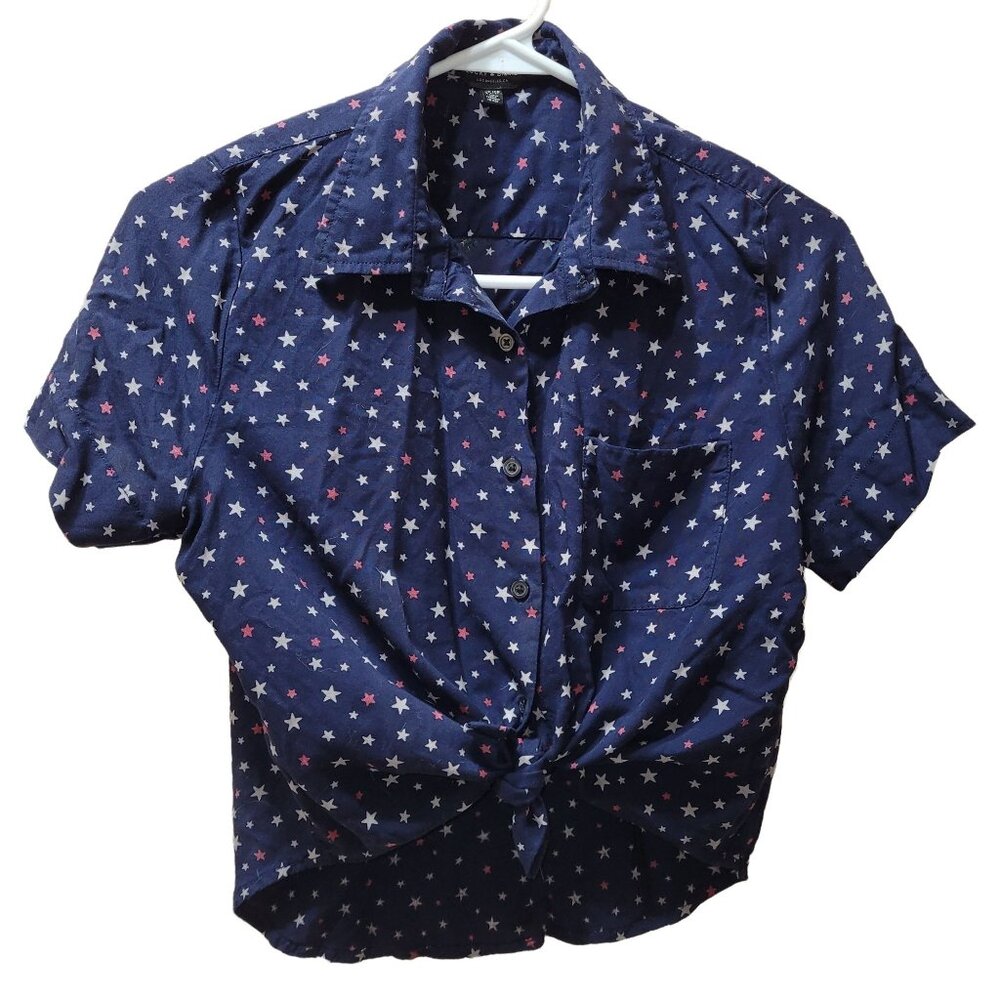 Lucky Brand Women's Size XS Button Down Crop Top Shirt Star Print Red White Blue